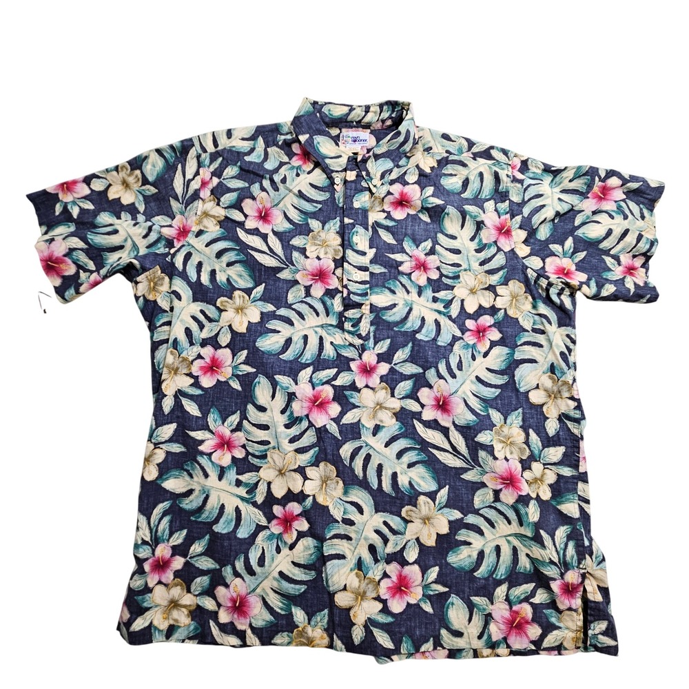 Reyn Spooner Vintage Pullover Shirt XXL Navy Blue Floral Hibiscus Print